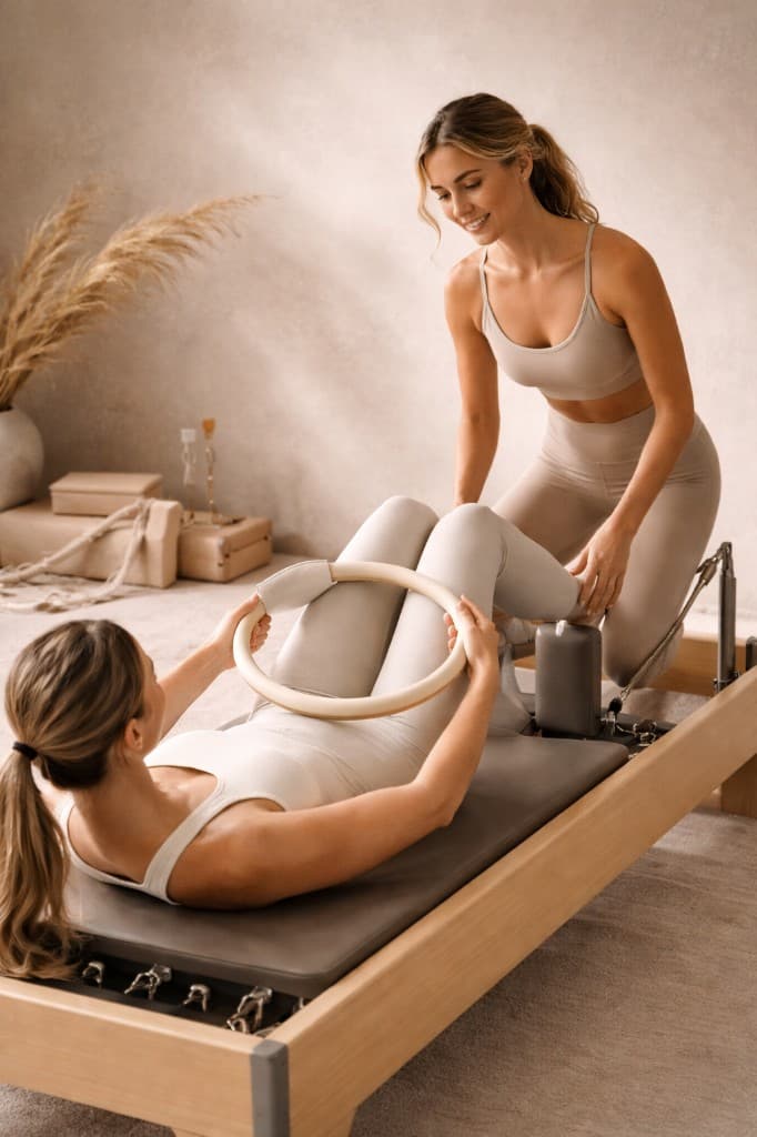 Instructor guiding a client on the reformer in the Alva Pilates studio